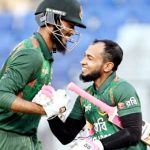 Bangladesh's Mushfiqur Rahim (R) and Rishad Hossain celebrate after their victory at the third and last one-day international (ODI) cricket match between Bangladesh and Sri Lanka in the Zahur Ahmed Chowdhury Stadium of Chittagong on March 18, 2024.