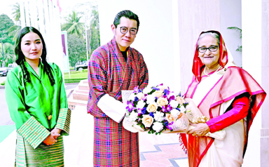 Prime Minister Sheikh Hasina received Bhutanese King Jigme Khesar Namgyel Wangchuck and Queen Jetsun Pema Wangchuck with flower at her office on Monday.