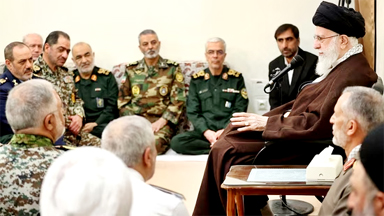 Iran's Supreme Leader Ayatollah Ali Khamenei speaking to a group commanders of the Iranian armed forces in Tehran on April 21, 2024.