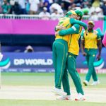 South African players celebrate winning the ICC men’s Twenty20 World Cup 2024 group D cricket match between South Africa and Bangladesh at Nassau County International Cricket Stadium in East Meadow, New York on June 10.