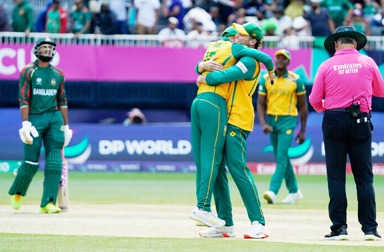 South African players celebrate winning the ICC men’s Twenty20 World Cup 2024 group D cricket match between South Africa and Bangladesh at Nassau County International Cricket Stadium in East Meadow, New York on June 10.